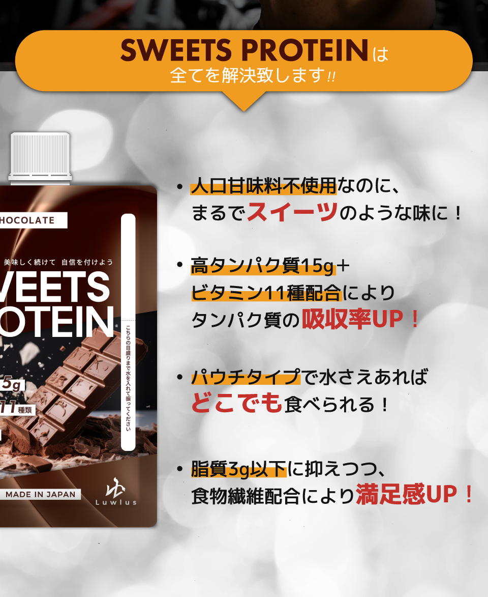 SWEETS PROTEIN（スイーツプロテイン）は全てを解決致します!! | 人工甘味料不使用なのに、まるでスイーツのような味に！ | 高タンパク質15g+ビタミン11種類配合によりタンパク質の吸収率UP! | パウチタイプで水さえあればどこでも食べられる | 脂質3g以下に抑えつつ、食物繊維配合により満足感UP!