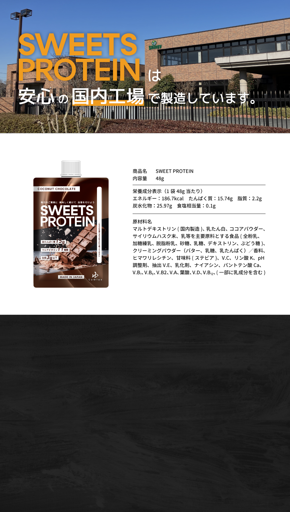 SWEETS PROTEINは安心の国内工場で製造しています。